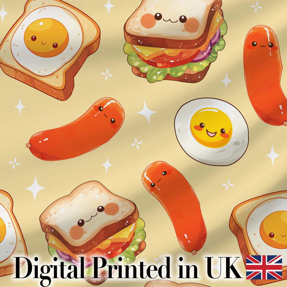Breakfast Food Eggs Sausage Sandwich Seamless Pattern Yellow Background Digital Print Fabric by the Metre UK Sewing Quilting Textile