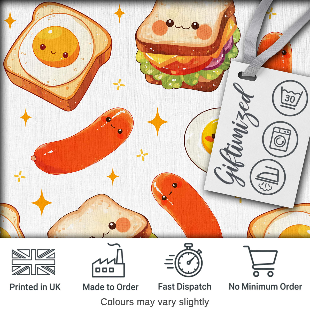 Breakfast Food Eggs Sausage Sandwich Seamless Pattern Light Grey Background Digital Print Fabric by the Metre UK Sewing Quilting Textile