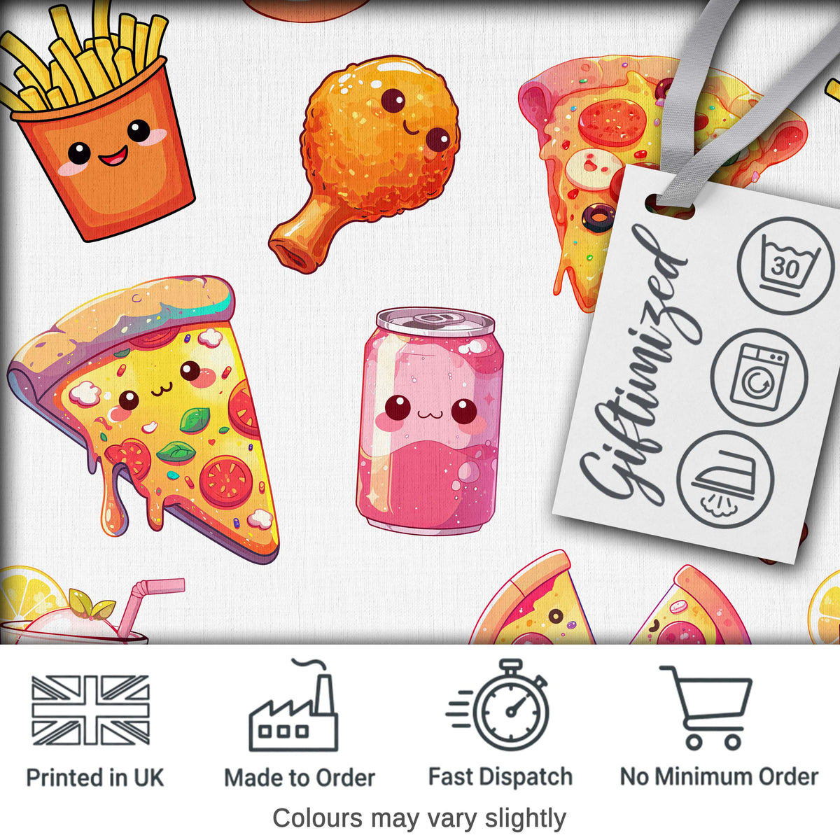 Kawaii Pizza Chicken Soda Fast Food Seamless Pattern Clean White Background Digital Print Fabric by the Metre UK Sewing Quilting Textile