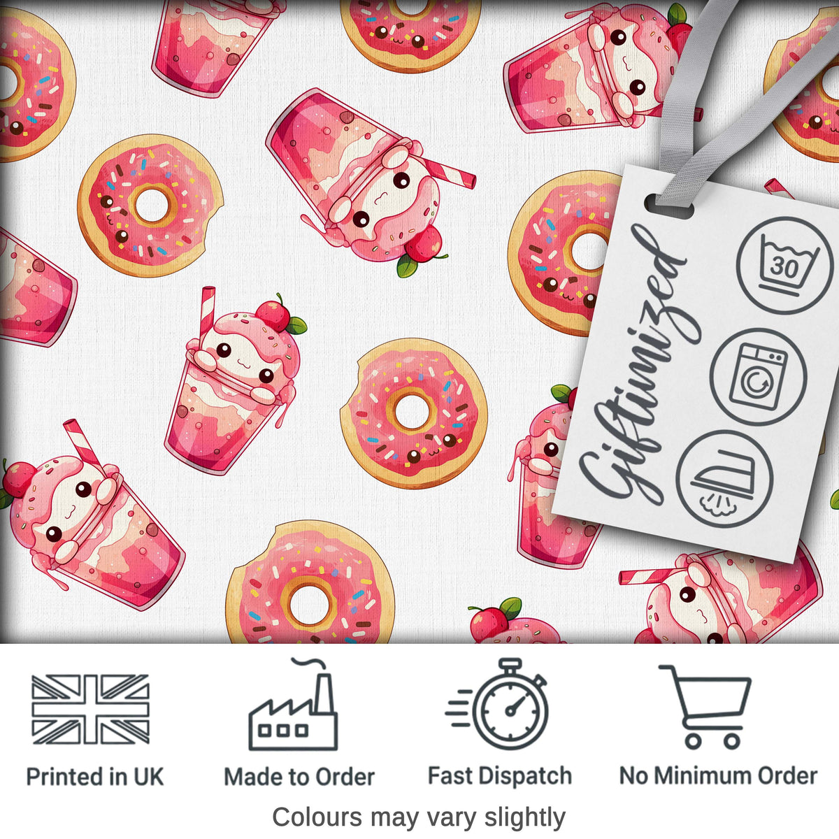 Cute Kawaii Donut Milkshake Dessert Seamless Pattern Pink White Background Digital Print Fabric by the Metre UK Sewing Quilting Textile