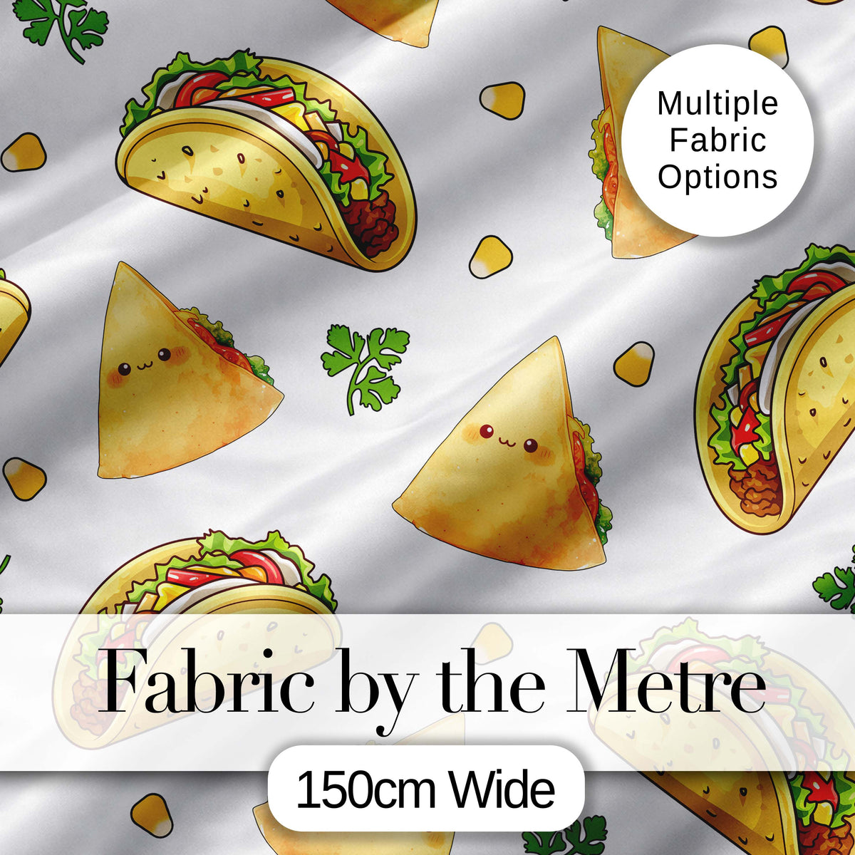 Cute Kawaii Taco Wrap Mexican Food Seamless Pattern White Background Digital Print Fabric by the Metre UK Sewing Quilting Textile