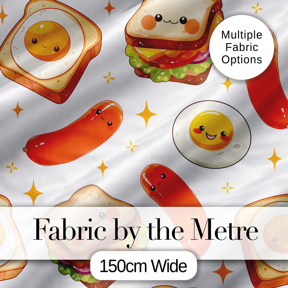 Kawaii Breakfast Food Characters Eggs Toast Sausage Sparkle Seamless Pattern Digital Print Fabric by the Metre UK Sewing Quilting Textile