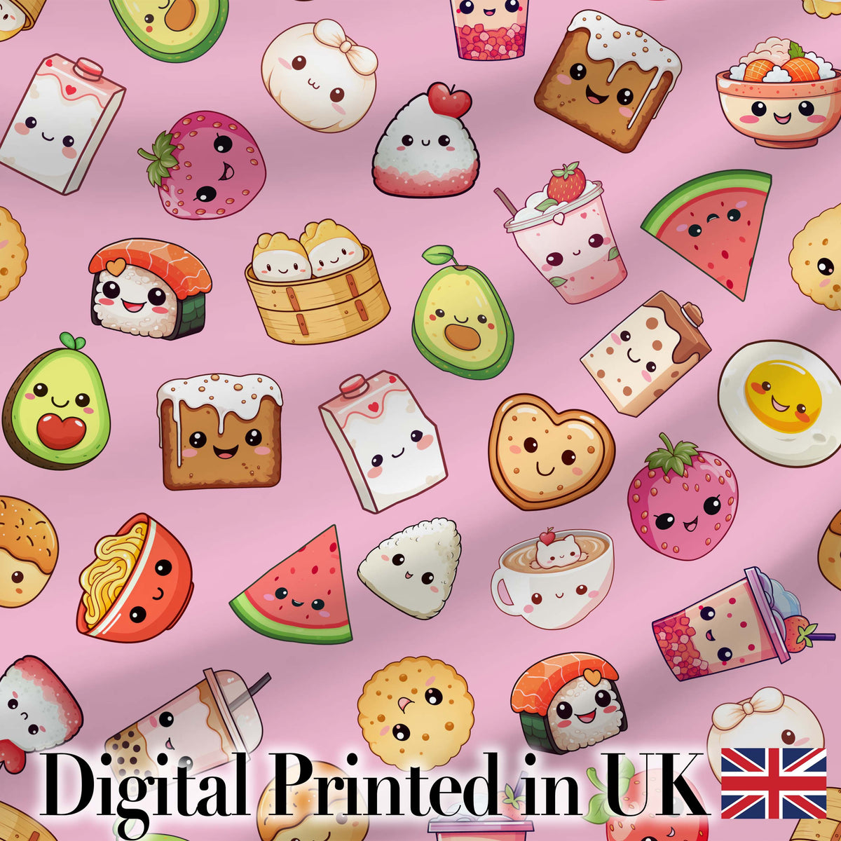 Kawaii Food Collection Sushi Fruit Drinks Soft Pink Cute Seamless Pattern Digital Print Fabric by the Metre UK Sewing Quilting Textile