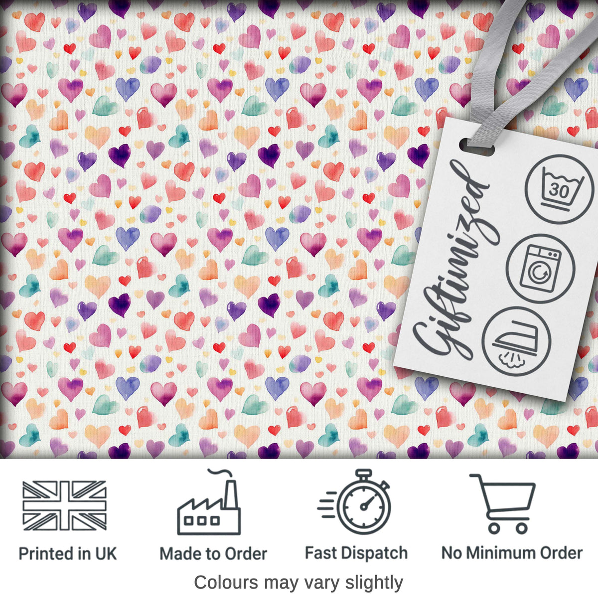 Watercolor Pastel Hearts Love Pattern Soft Romantic Seamless Pattern Digital Print Fabric by the Metre UK Sewing Quilting Textile