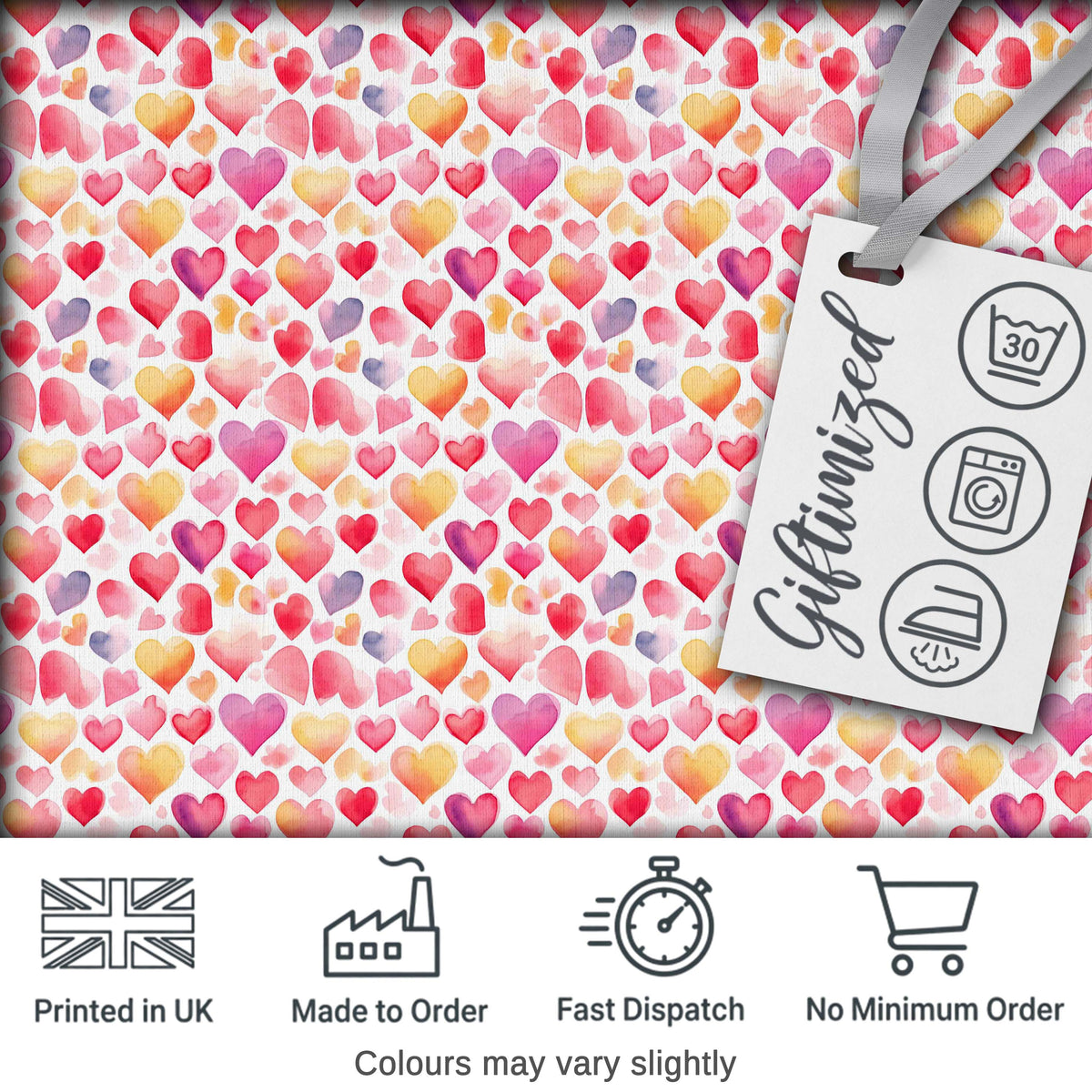 Watercolor Pink Red Hearts Love Romantic Seamless Pattern Digital Print Fabric by the Metre UK Sewing Quilting Textile