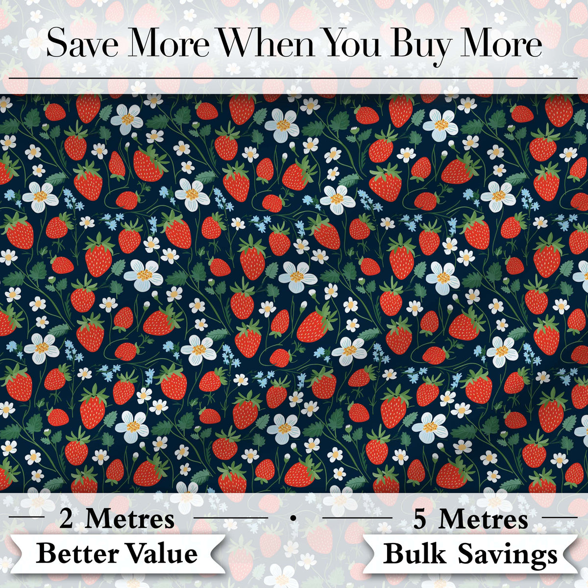 Wild Strawberry Floral Navy Background Seamless Pattern Digital Print Fabric by the Metre UK Sewing Quilting Textile
