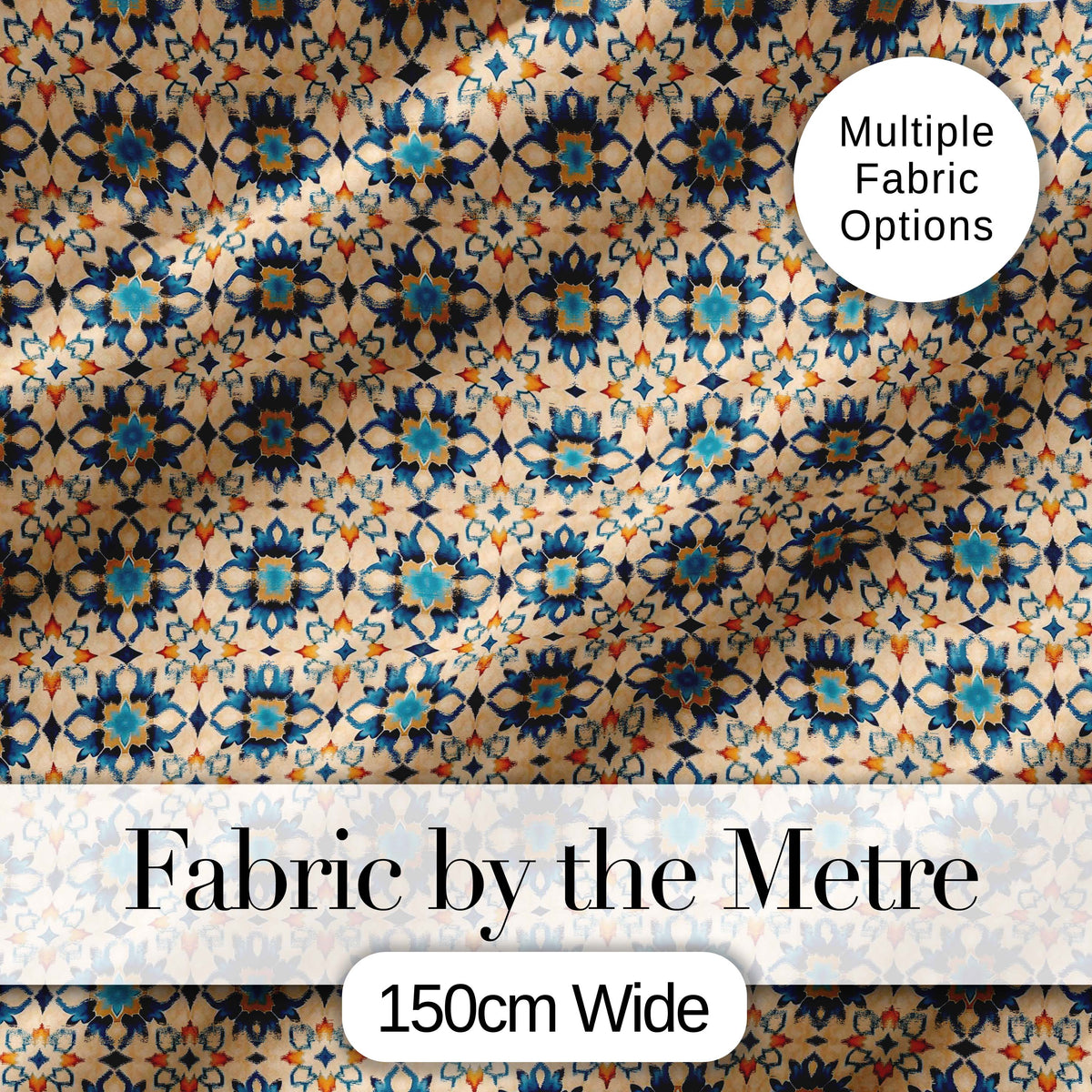 Decorative Blue Floral Tile Pattern Beige Background Seamless Digital Print Fabric by the Metre UK Sewing Quilting Textile