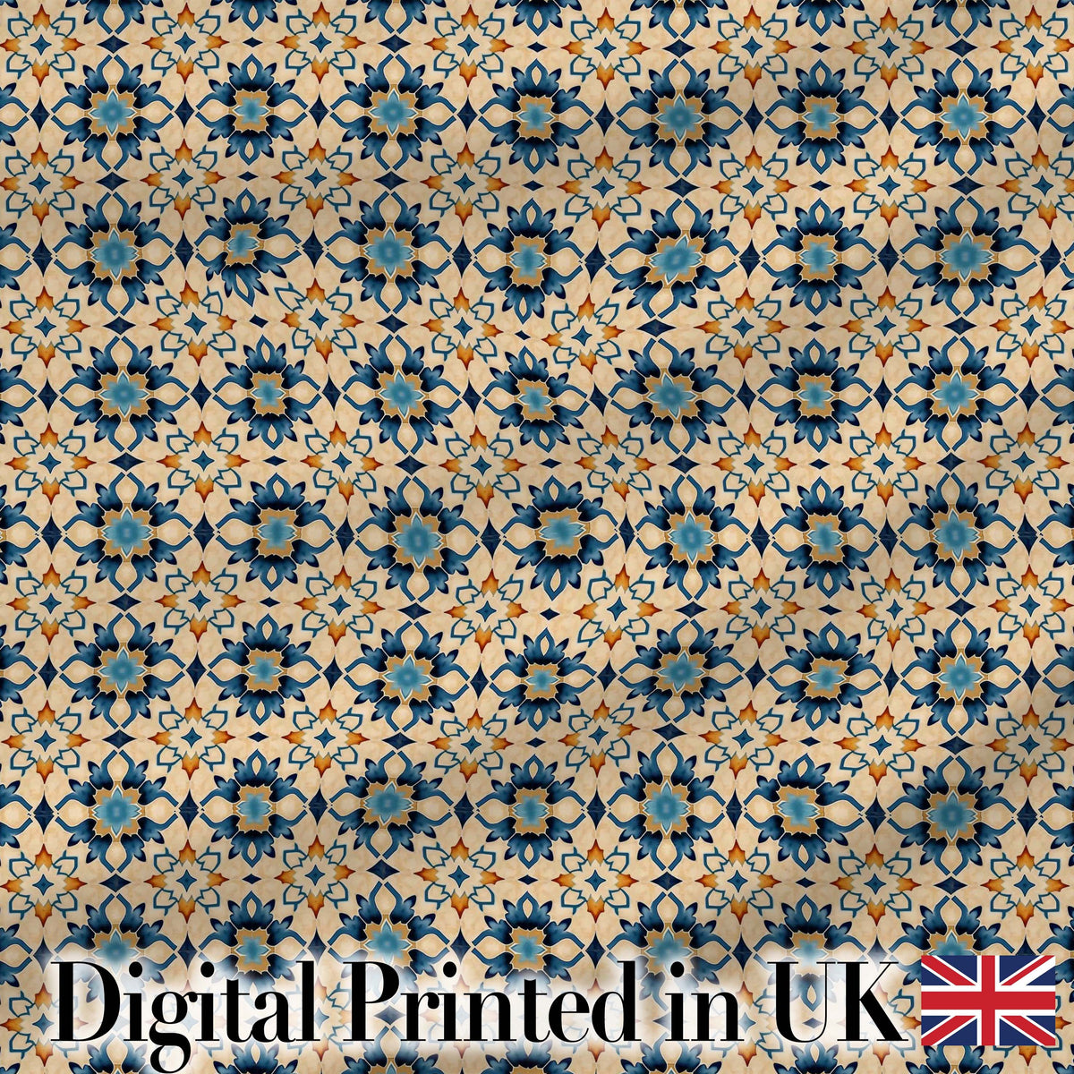 Decorative Blue Floral Tile Pattern Beige Background Seamless Digital Print Fabric by the Metre UK Sewing Quilting Textile