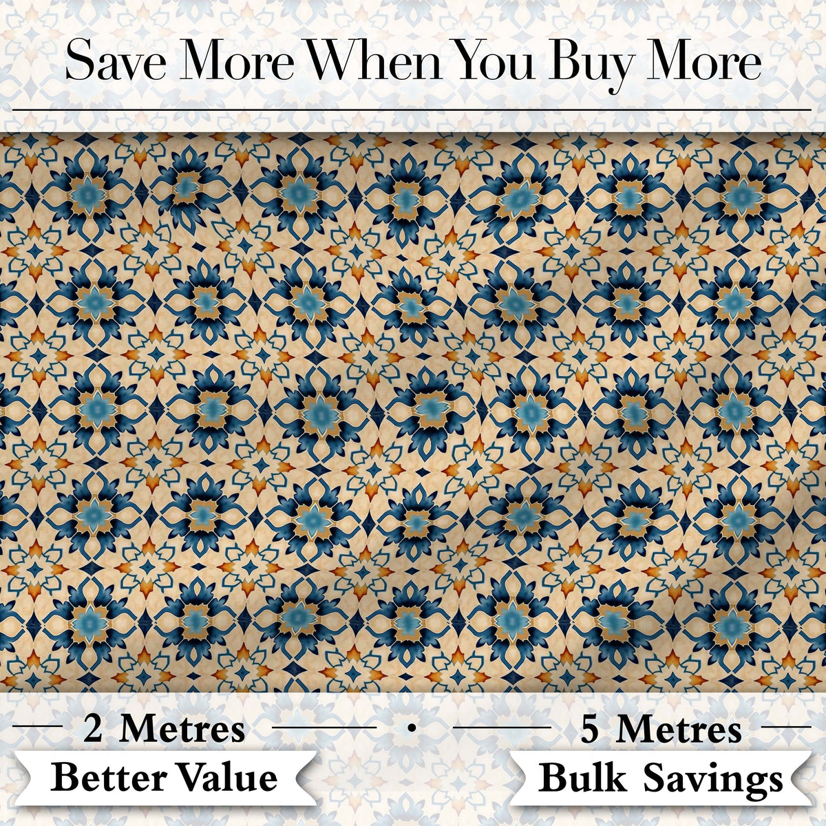 Decorative Blue Floral Tile Pattern Beige Background Seamless Digital Print Fabric by the Metre UK Sewing Quilting Textile