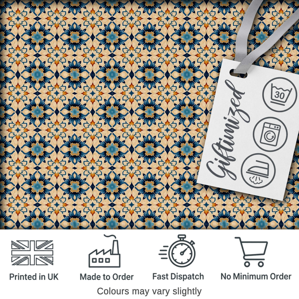 Decorative Blue Floral Tile Pattern Beige Background Seamless Digital Print Fabric by the Metre UK Sewing Quilting Textile