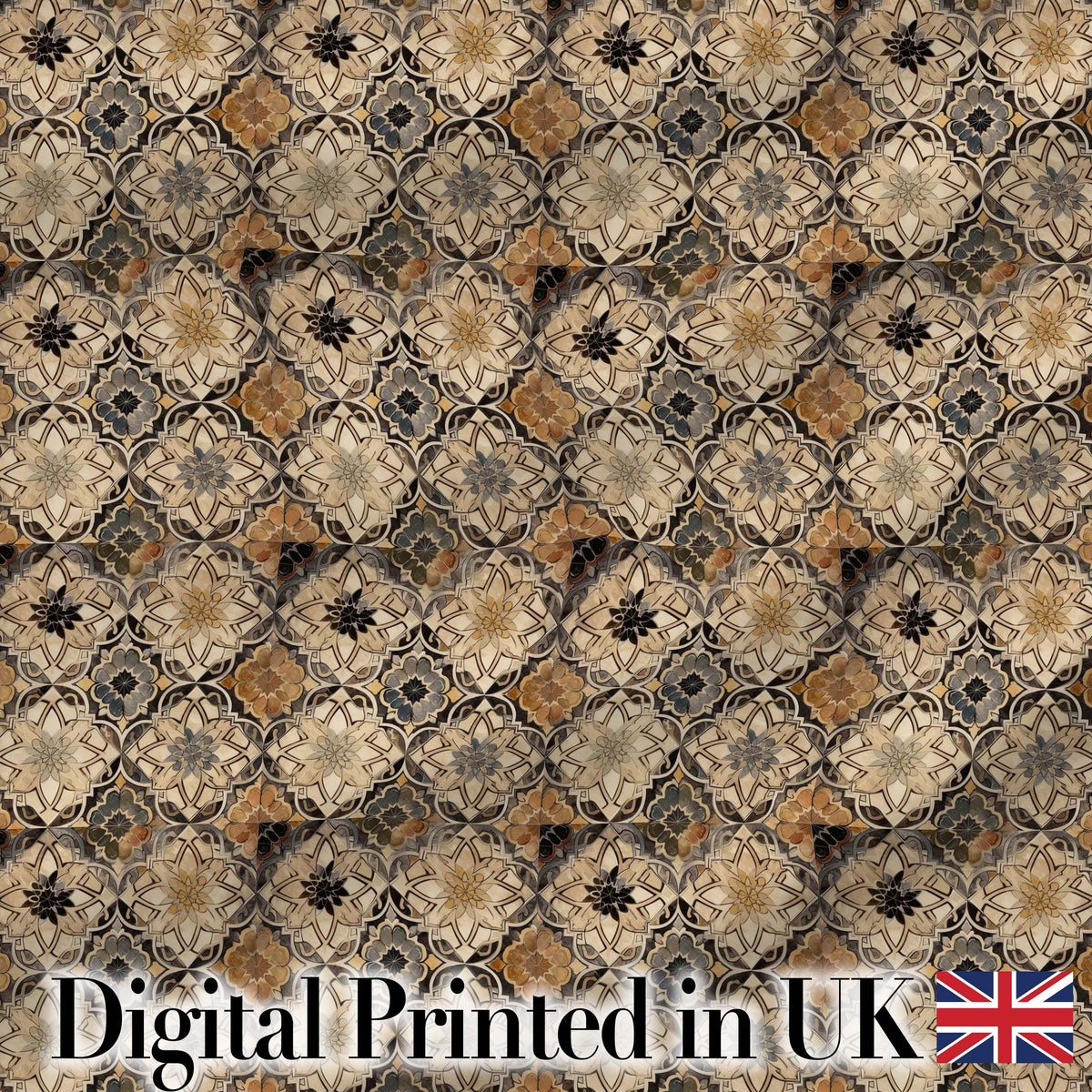 Vintage Beige Floral Geometric Tile Seamless Pattern Digital Print Fabric by the Metre UK Sewing Quilting Textile