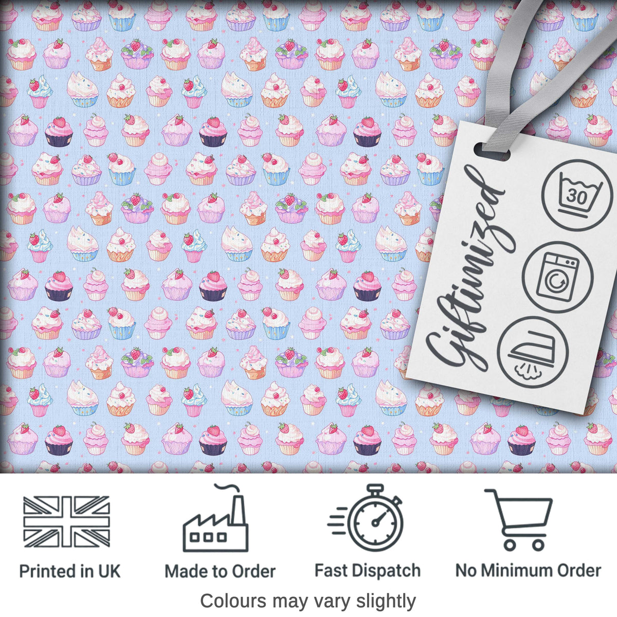Kawaii Cupcake Sweet Treats Blue Background Seamless Pattern Digital Print Fabric by the Metre UK Sewing Quilting Textile