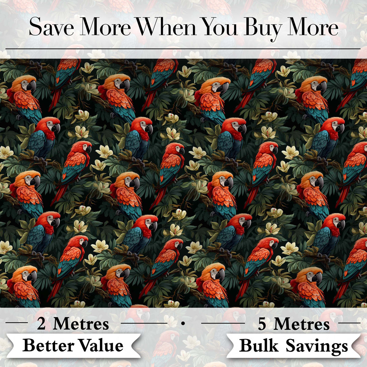 Colorful Macaw Parrot Jungle Leaves Seamless Pattern Digital Print Fabric by the Metre UK Sewing Quilting Textile