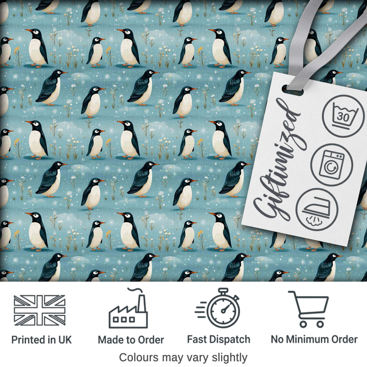 Cute Penguin Birds Snowy Winter Landscape Seamless Pattern Digital Print Fabric by the Metre UK Sewing Quilting Textile
