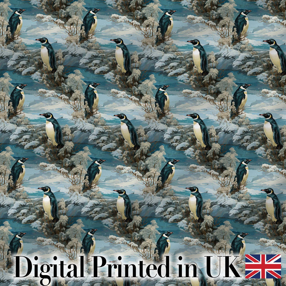 Vintage Penguin Winter Nature Scene Seamless Pattern Digital Print Fabric by the Metre UK Sewing Quilting Textile