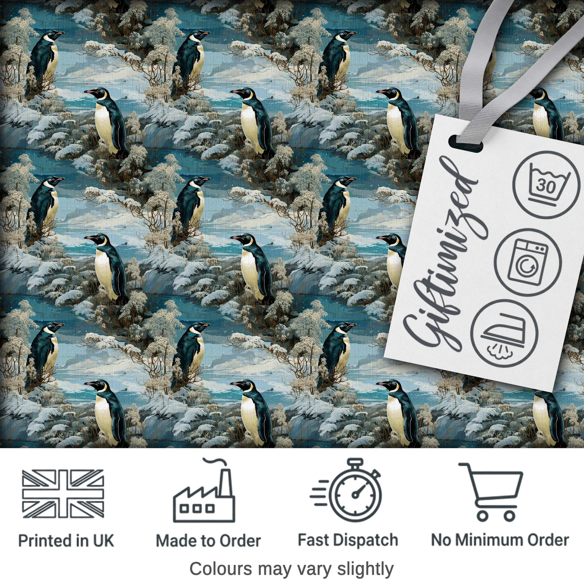Vintage Penguin Winter Nature Scene Seamless Pattern Digital Print Fabric by the Metre UK Sewing Quilting Textile