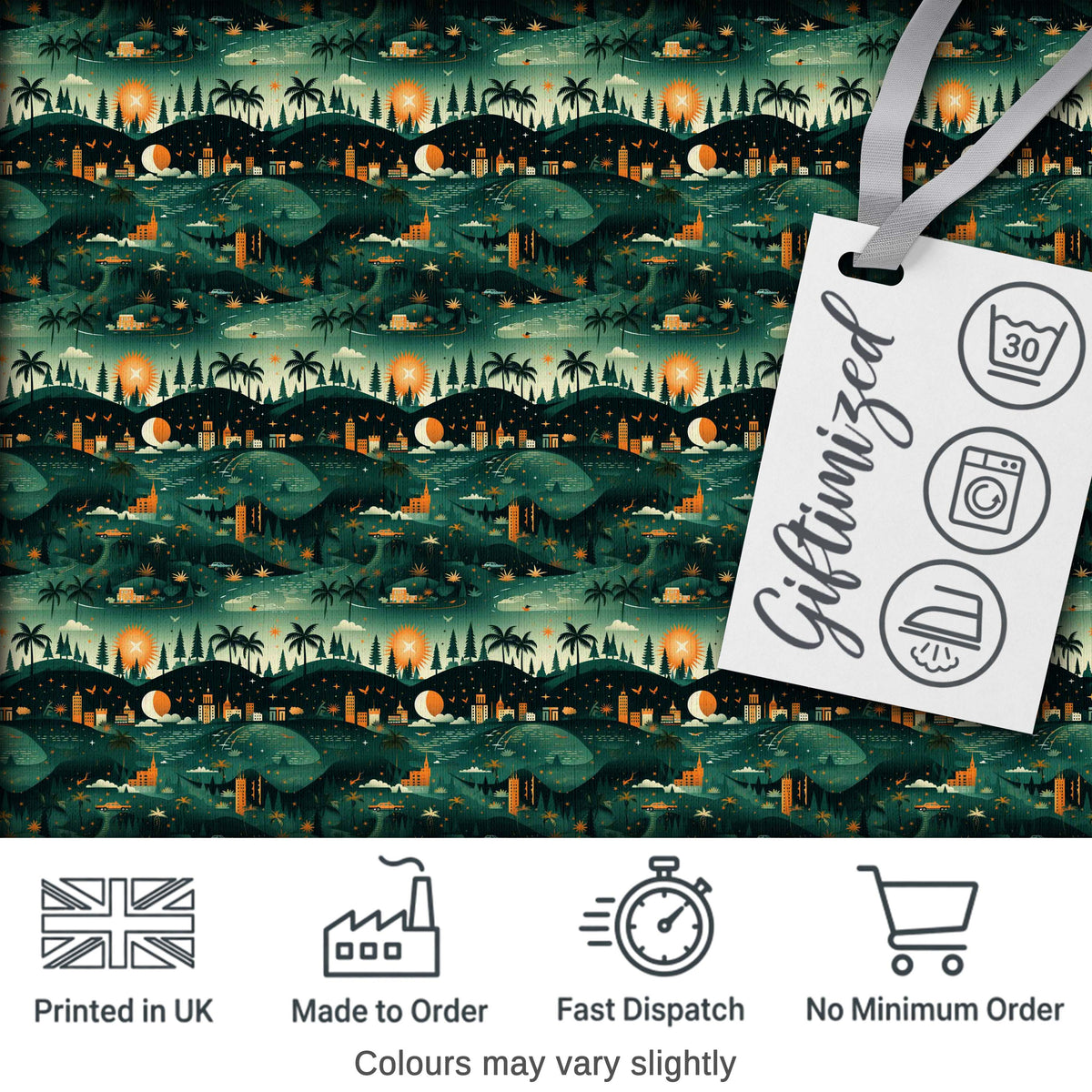 Scenic Landscape City Night Seamless Pattern Digital Print Fabric by the Metre UK Sewing Quilting Textile