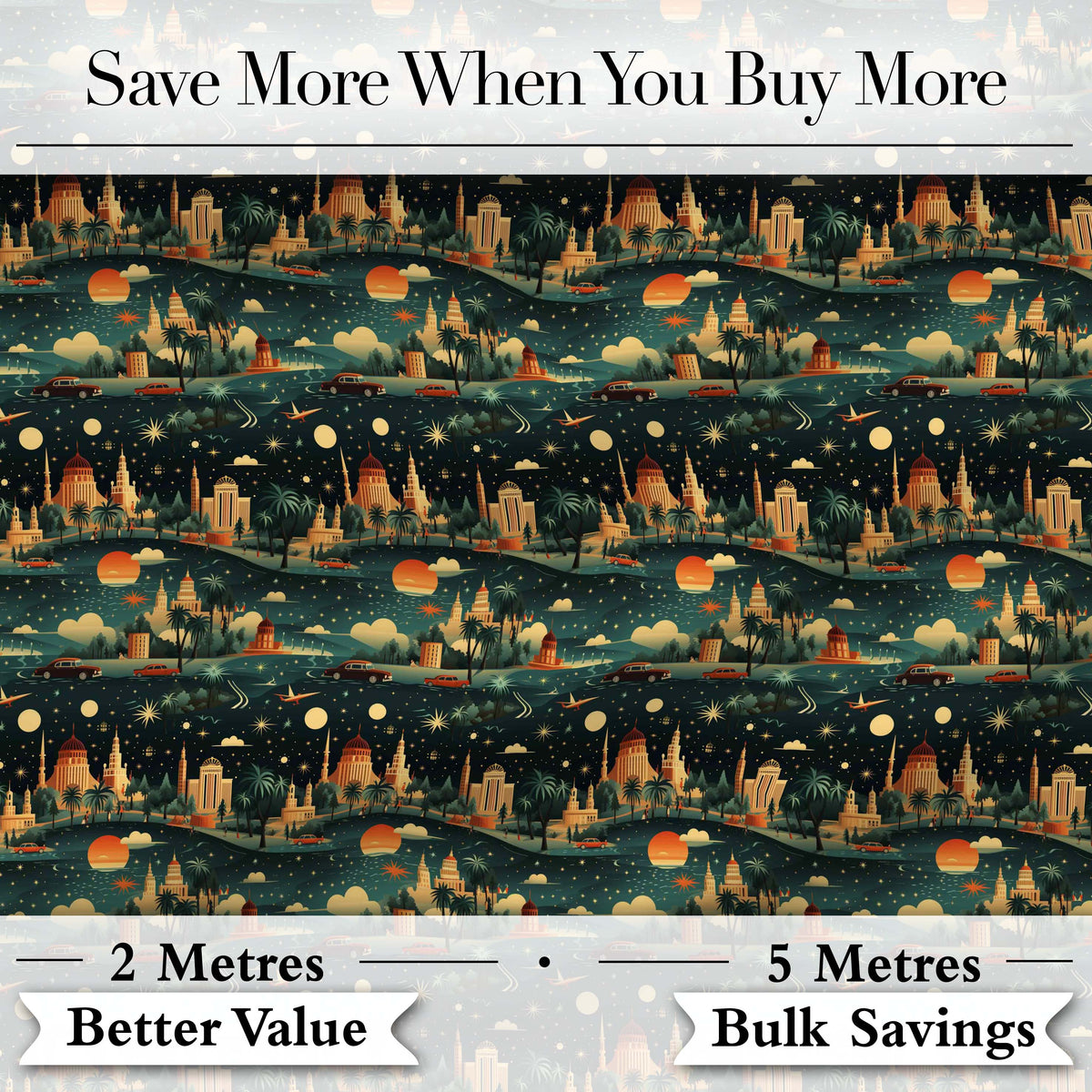 Vintage City Skyline Night Travel Seamless Pattern Digital Print Fabric by the Metre UK Sewing Quilting Textile