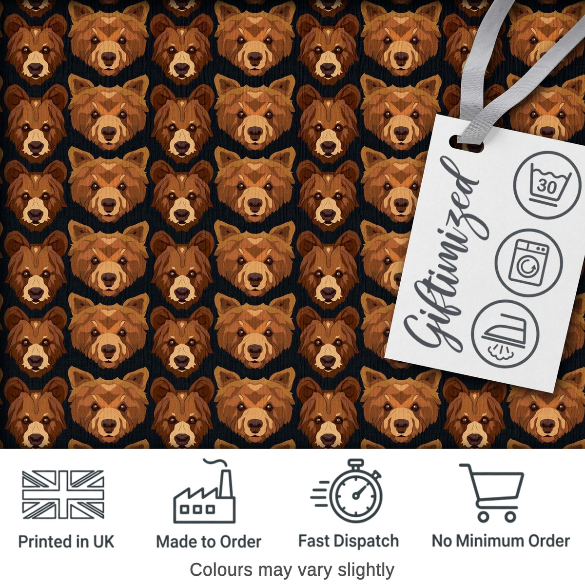 Brown Bear Faces Wildlife Animal Seamless Pattern Digital Print Fabric by the Metre UK Sewing Quilting Textile