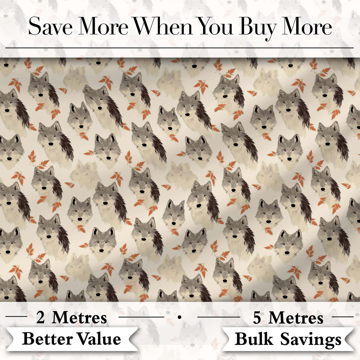Soft Wolf Faces with Autumn Leaves Seamless Pattern Digital Print Fabric by the Metre UK Sewing Quilting Textile