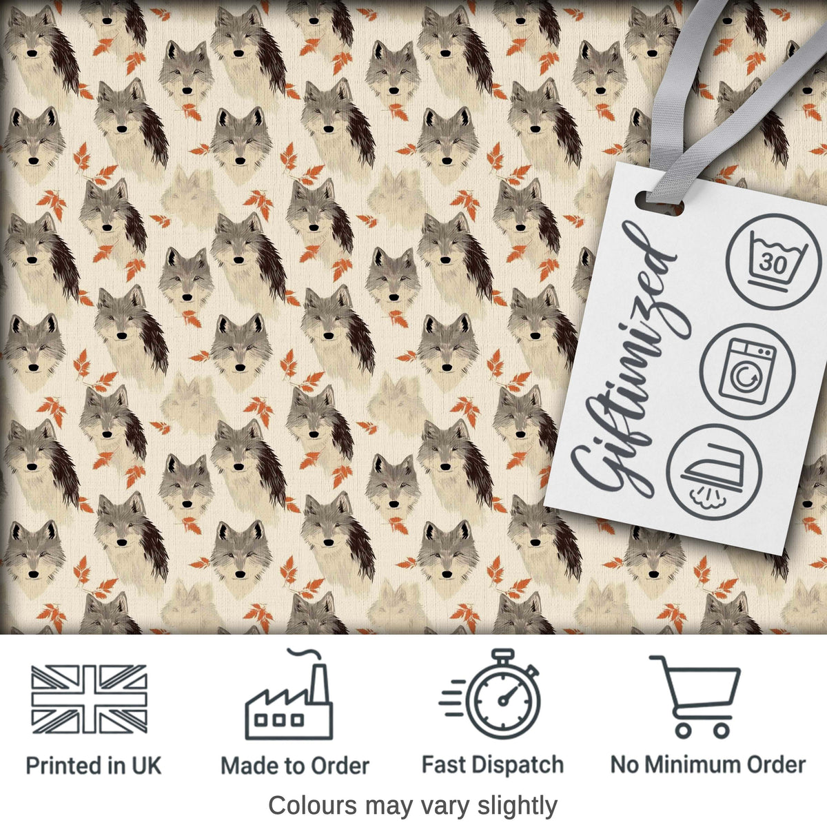 Soft Wolf Faces with Autumn Leaves Seamless Pattern Digital Print Fabric by the Metre UK Sewing Quilting Textile