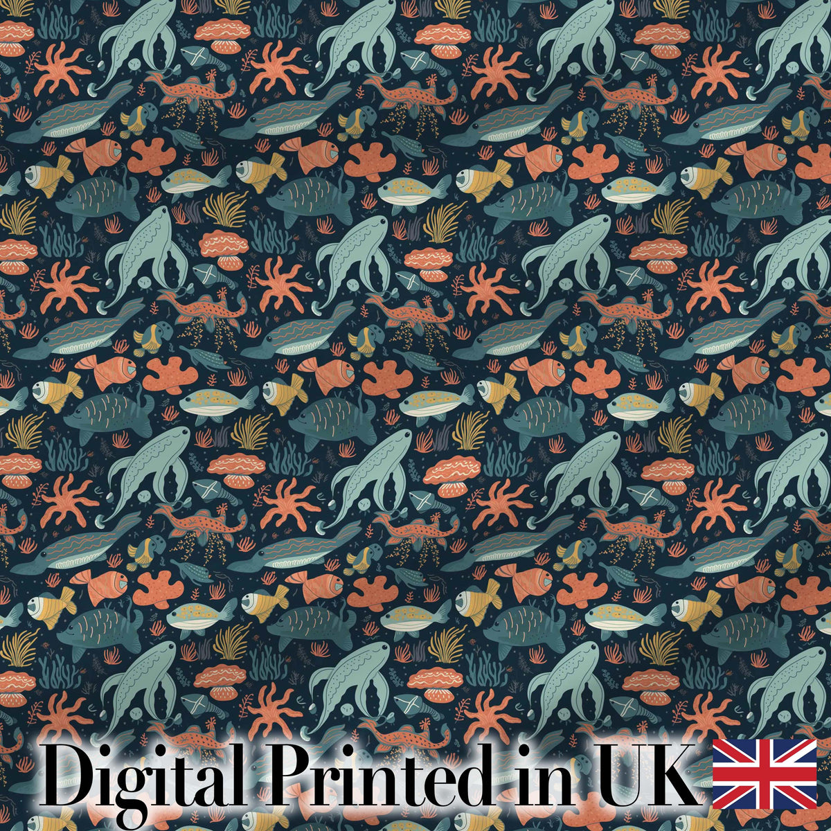 Underwater Ocean Animals Seamless Pattern Whale Fish Coral Marine Design Digital Print Fabric by the Metre UK Sewing Quilting Textile
