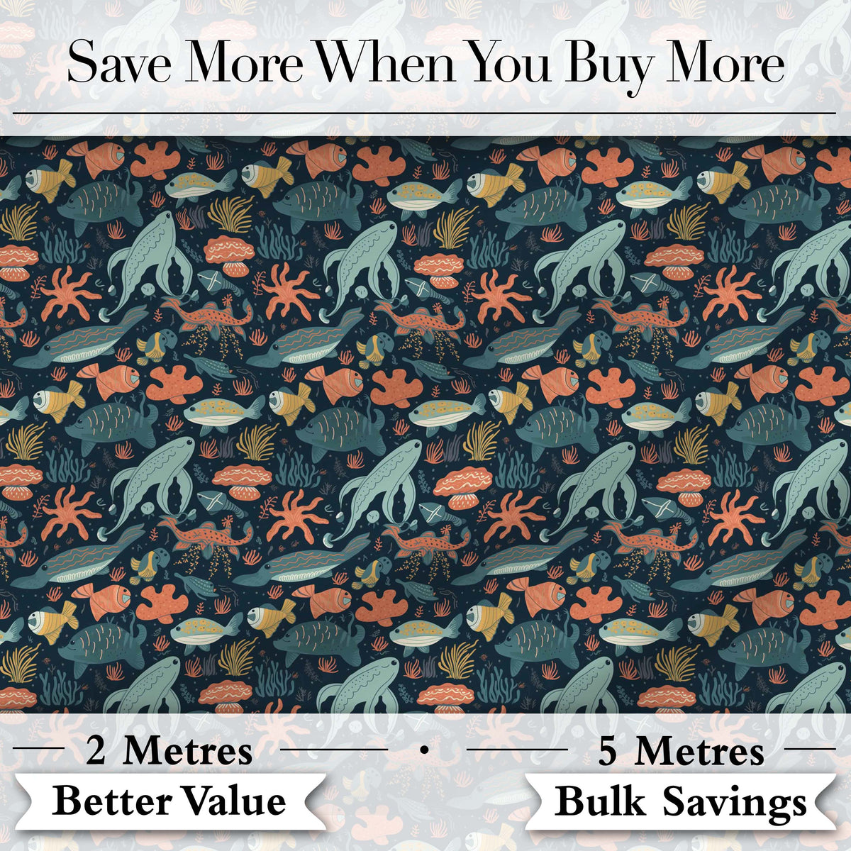 Underwater Ocean Animals Seamless Pattern Whale Fish Coral Marine Design Digital Print Fabric by the Metre UK Sewing Quilting Textile