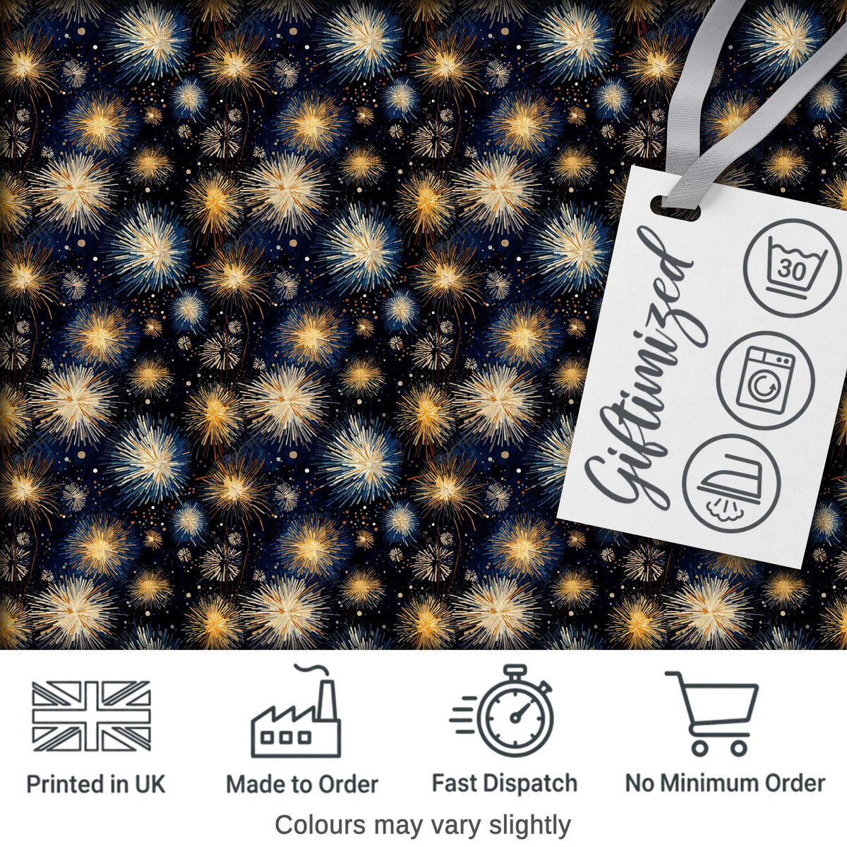Golden Spark Fireworks Night Sky Seamless Pattern Elegant Celebration Design Digital Print Fabric by the Metre UK Sewing Quilting Textile
