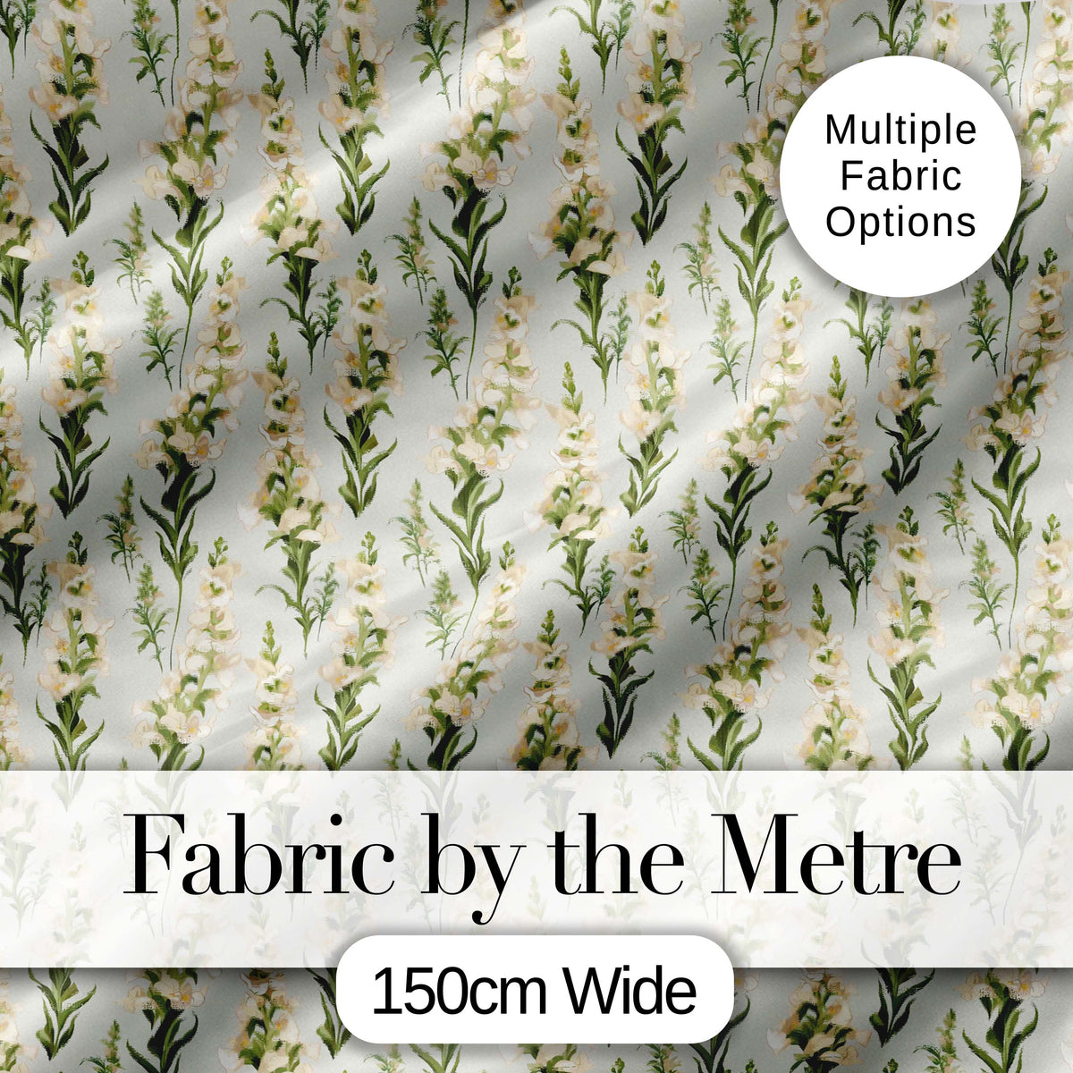 Cream White Floral Botanical Vertical Seamless Pattern Elegant Style Digital Print Fabric by the Metre UK Sewing Quilting Textile