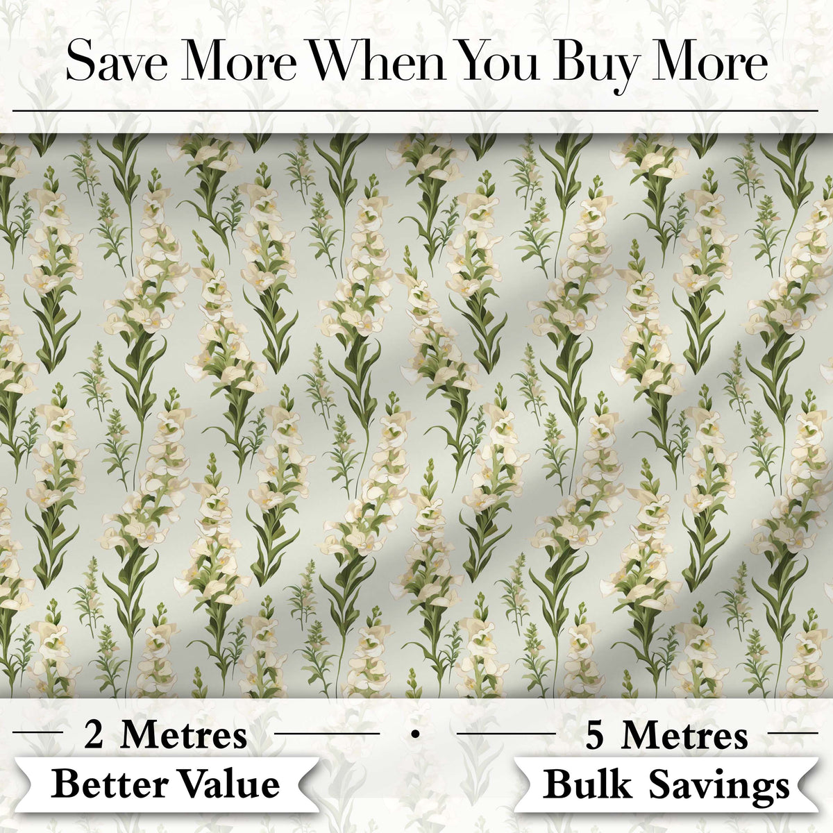 Cream White Floral Botanical Vertical Seamless Pattern Elegant Style Digital Print Fabric by the Metre UK Sewing Quilting Textile