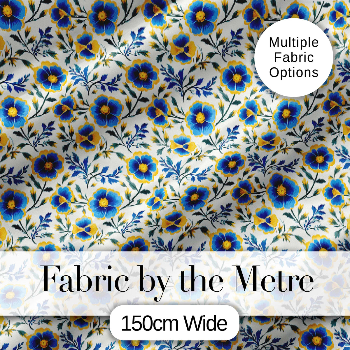 Blue Yellow Floral Vintage Seamless Pattern Elegant Botanical Style Digital Print Fabric by the Metre UK Sewing Quilting Textile