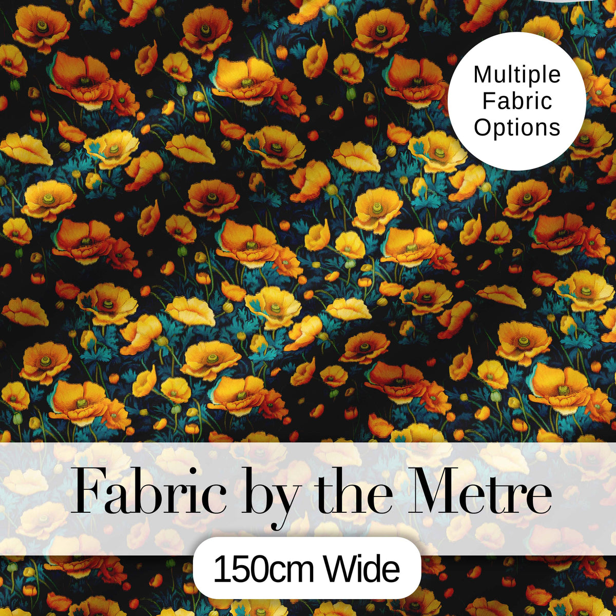 Golden Poppy Flowers Dark Background Seamless Pattern Rich Botanical Digital Print Fabric by the Metre UK Sewing Quilting Textile