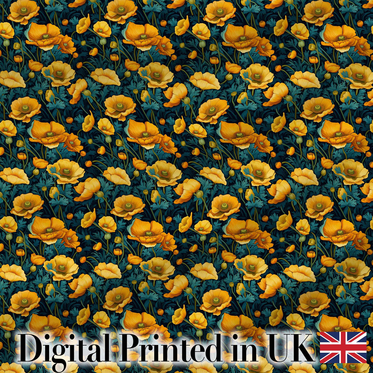 Golden Poppy Flowers Dark Background Seamless Pattern Rich Botanical Digital Print Fabric by the Metre UK Sewing Quilting Textile