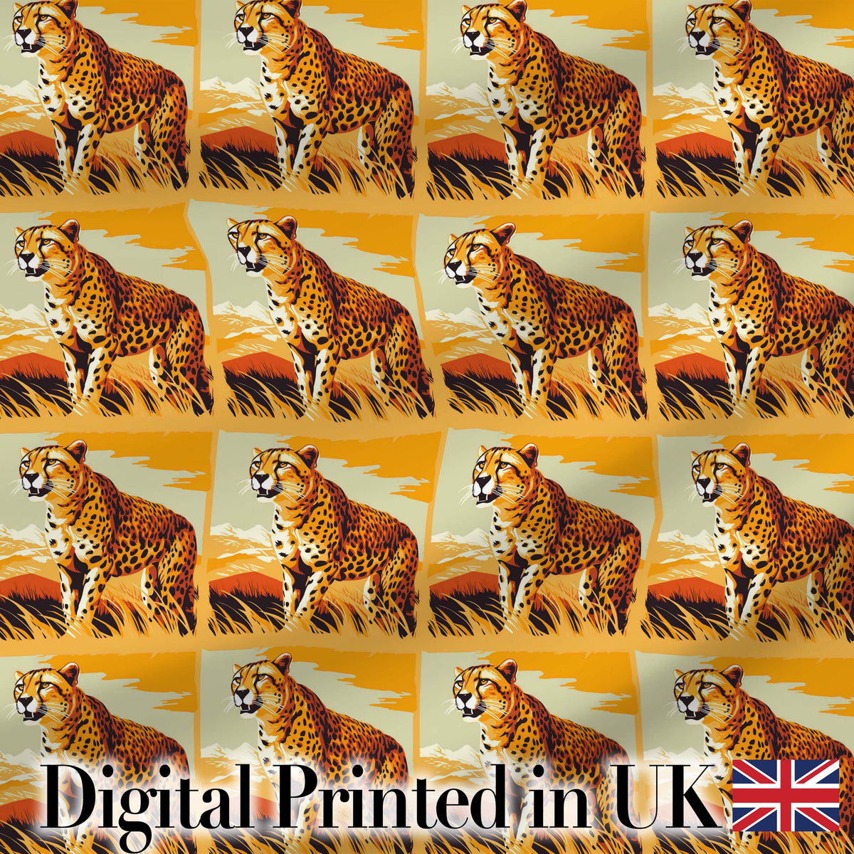 Cheetah Safari Illustration Warm Tones Seamless Pattern Wildlife Design Digital Print Fabric by the Metre UK Sewing Quilting Textile