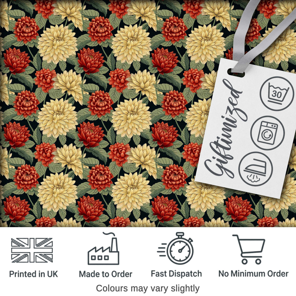 Vintage Chrysanthemum Floral Dark Background Seamless Pattern Classic Design Digital Print Fabric by the Metre UK Sewing Quilting Textile