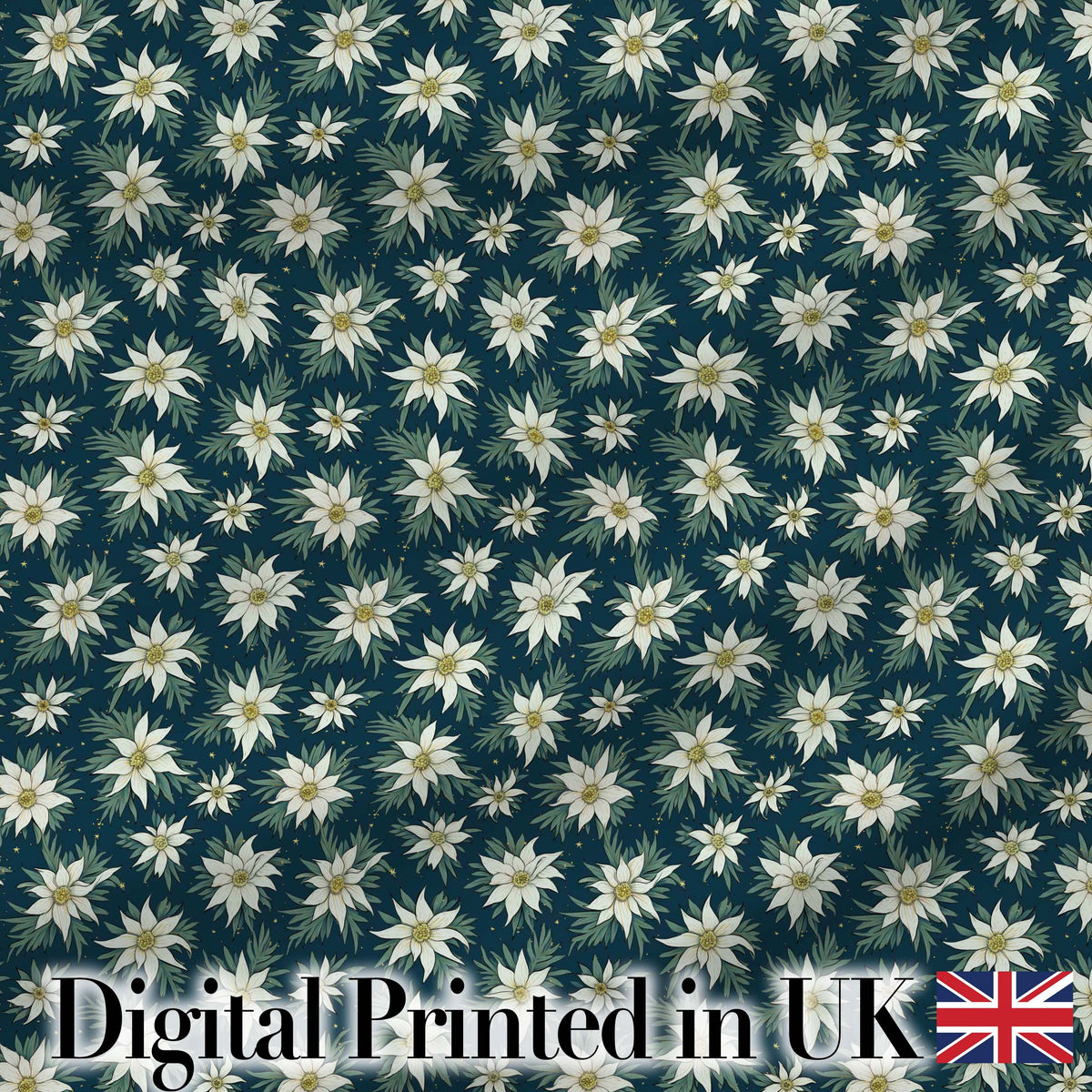 White Alpine Flowers Dark Teal Seamless Pattern Nature Botanical Digital Print Fabric by the Metre UK Sewing Quilting Textile