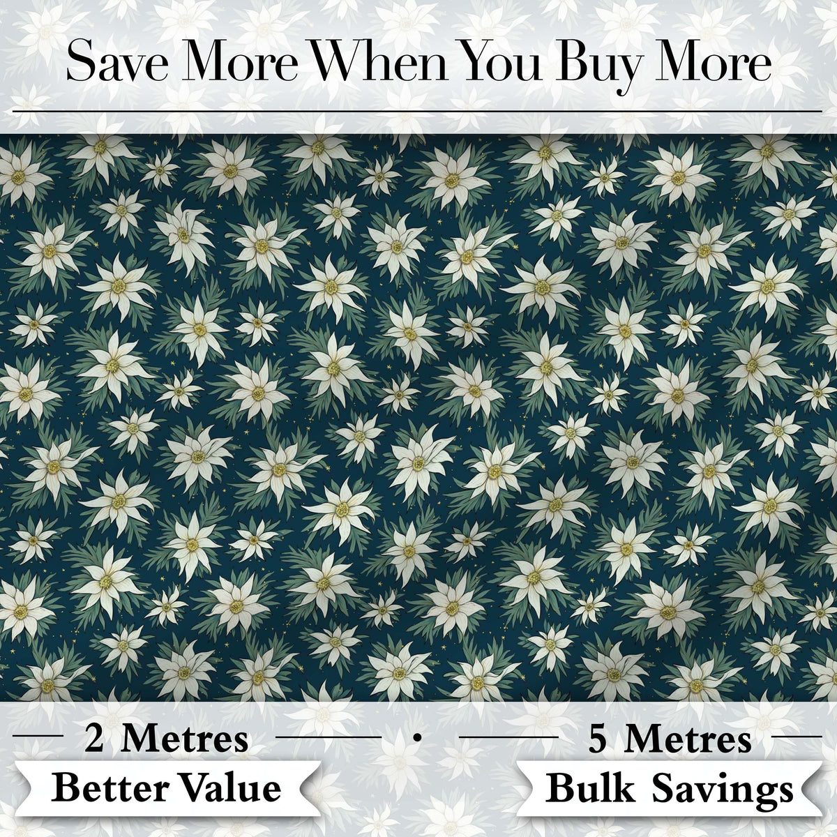 White Alpine Flowers Dark Teal Seamless Pattern Nature Botanical Digital Print Fabric by the Metre UK Sewing Quilting Textile