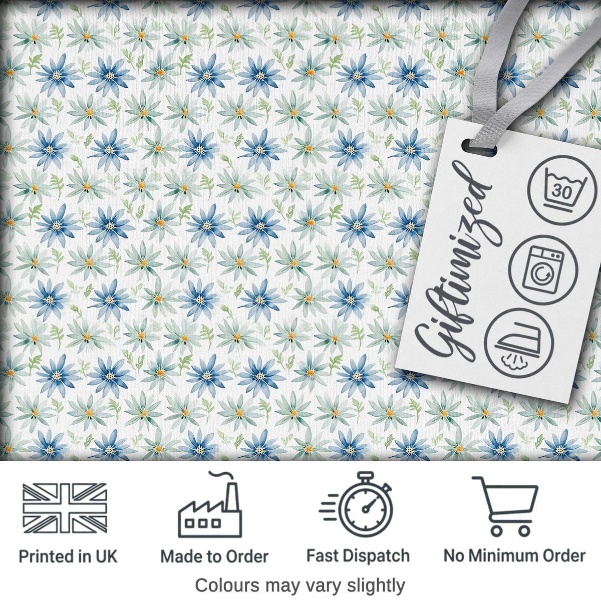 Blue Floral Watercolor Seamless Pattern Soft Botanical Design Digital Print Fabric by the Metre UK Sewing Quilting Textile