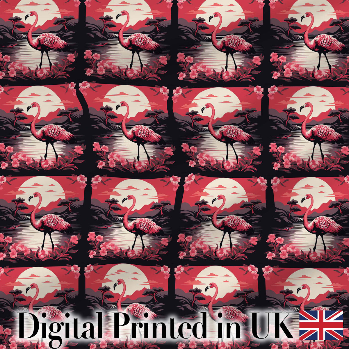 Flamingo Sunset Lake Tropical Scenic Seamless Pattern Exotic Bird Design Digital Print Fabric by the Metre UK Sewing Quilting Textile