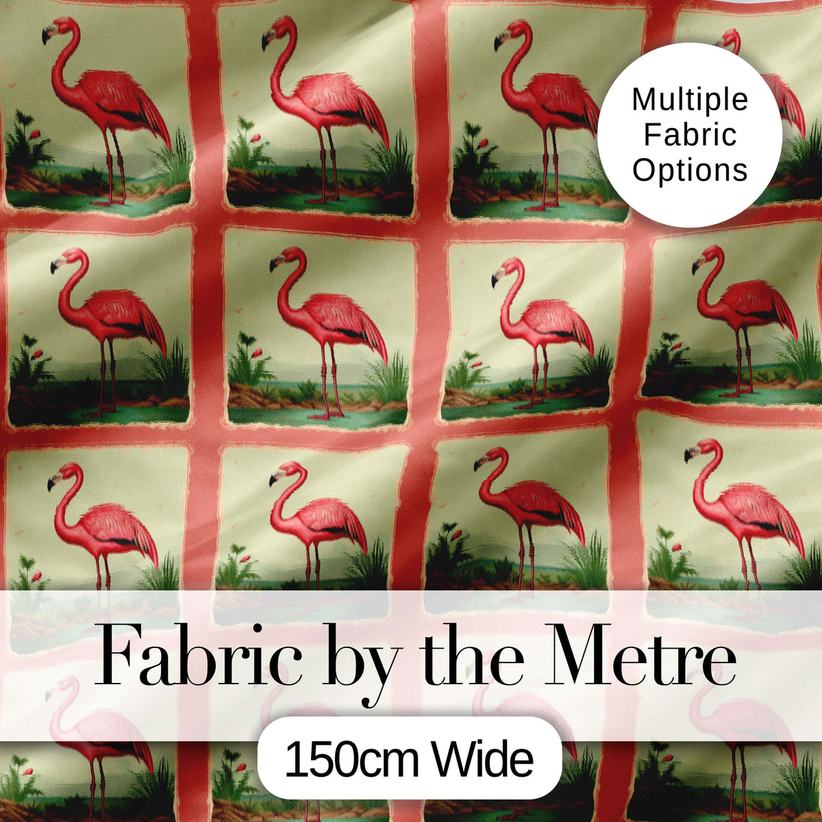 Vintage Flamingo Frame Botanical Landscape Seamless Pattern Bird Art Digital Print Fabric by the Metre UK Sewing Quilting Textile