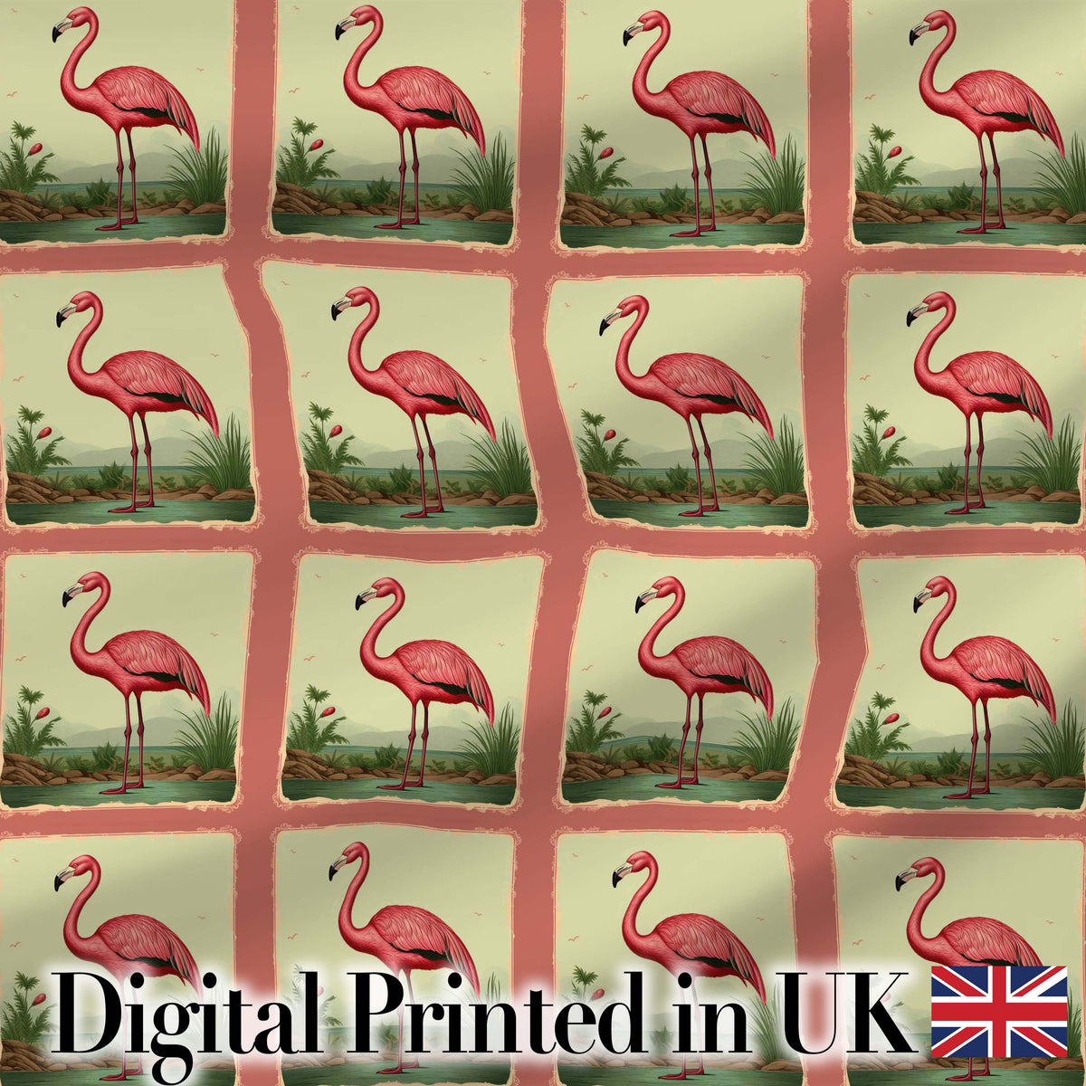 Vintage Flamingo Frame Botanical Landscape Seamless Pattern Bird Art Digital Print Fabric by the Metre UK Sewing Quilting Textile