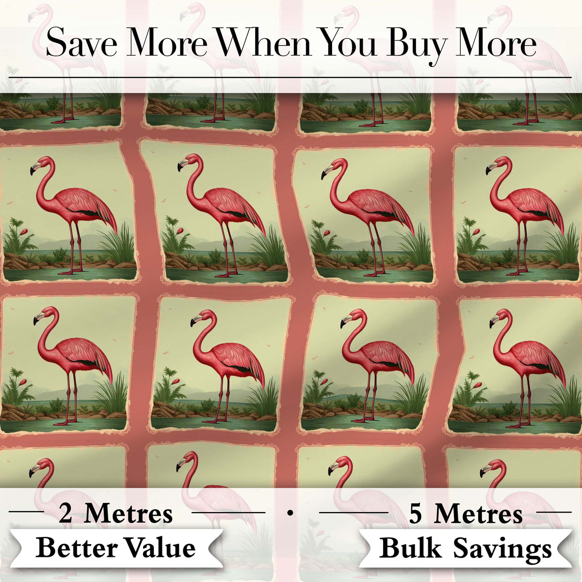 Vintage Flamingo Frame Botanical Landscape Seamless Pattern Bird Art Digital Print Fabric by the Metre UK Sewing Quilting Textile
