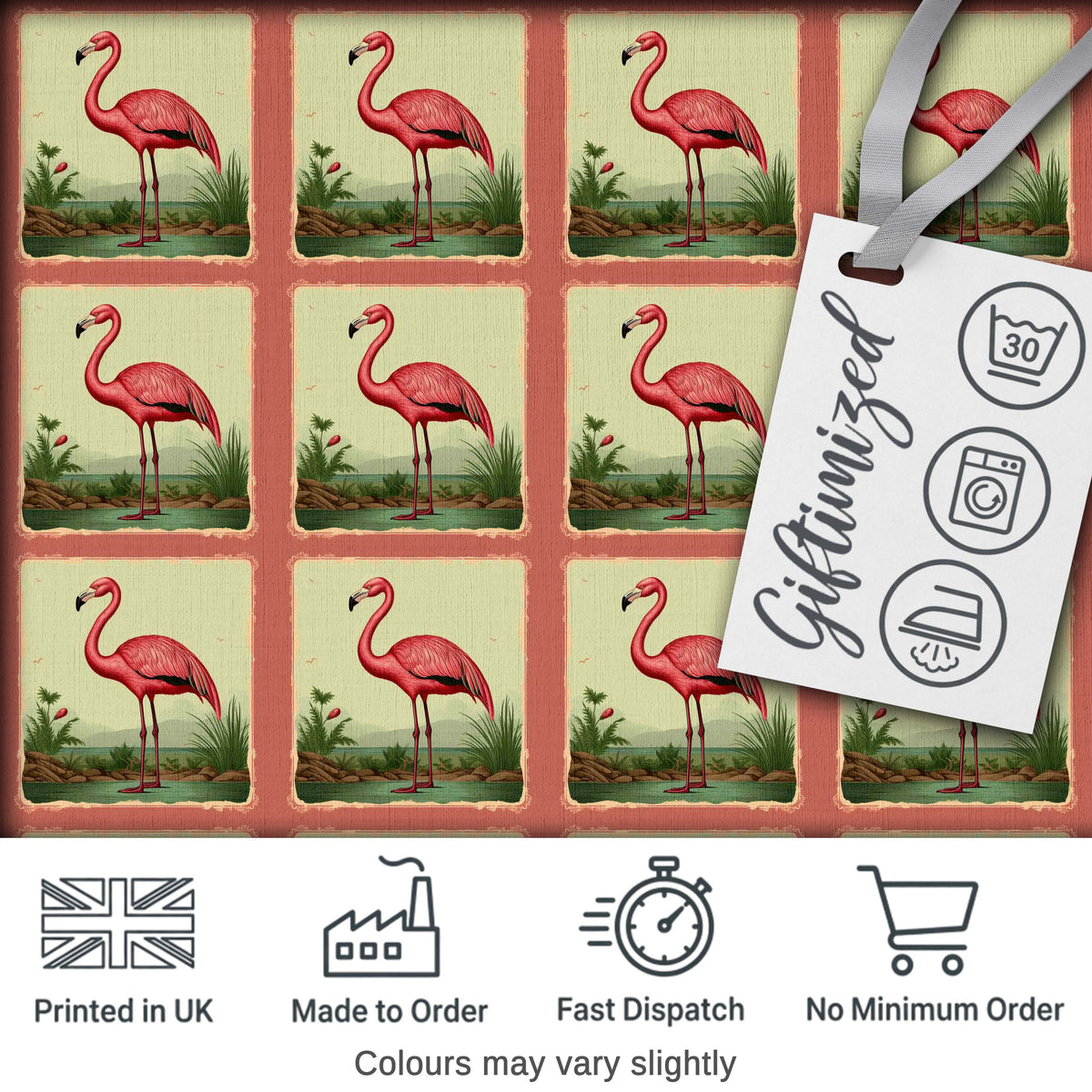 Vintage Flamingo Frame Botanical Landscape Seamless Pattern Bird Art Digital Print Fabric by the Metre UK Sewing Quilting Textile