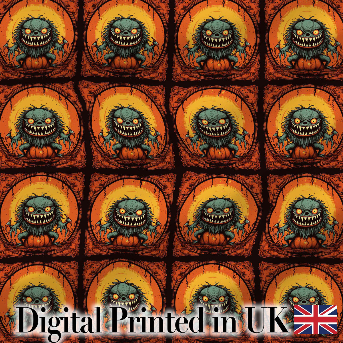Cartoon Monster Frame Halloween Seamless Pattern Spooky Fun Character Digital Print Fabric by the Metre UK Sewing Quilting Textile