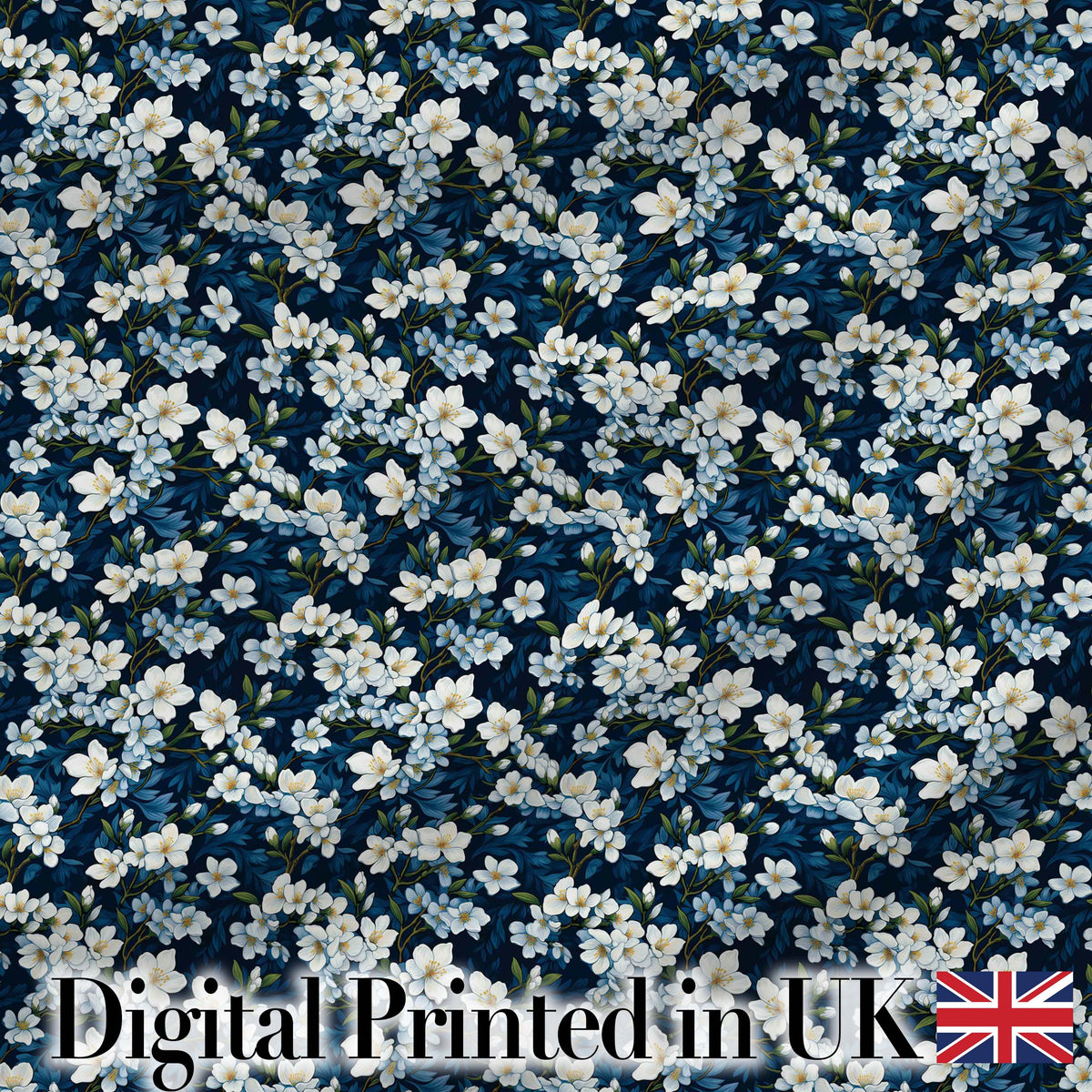 White Floral Bloom on Deep Navy Background Seamless Pattern Botanical Design Digital Print Fabric by the Metre UK Sewing Quilting Textile