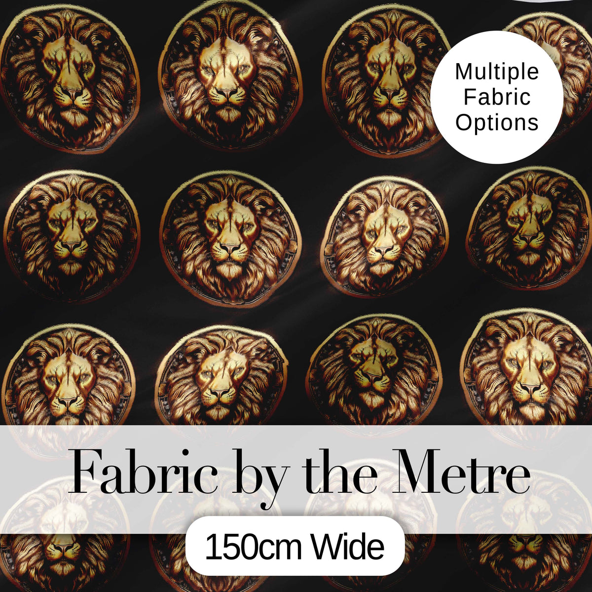 Golden Lion Head Medallion on Black Background Seamless Pattern Digital Print Fabric by the Metre UK Sewing Quilting Textile