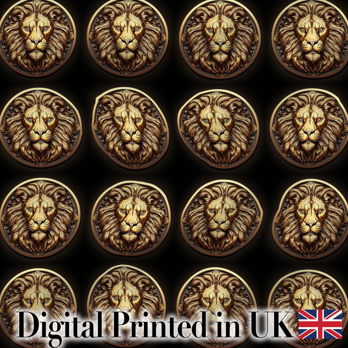 Golden Lion Head Medallion on Black Background Seamless Pattern Digital Print Fabric by the Metre UK Sewing Quilting Textile
