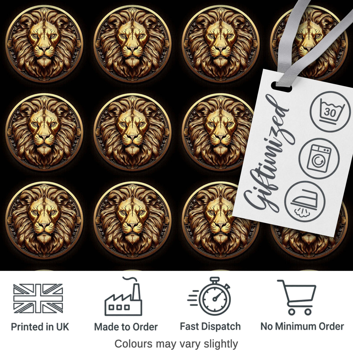 Golden Lion Head Medallion on Black Background Seamless Pattern Digital Print Fabric by the Metre UK Sewing Quilting Textile