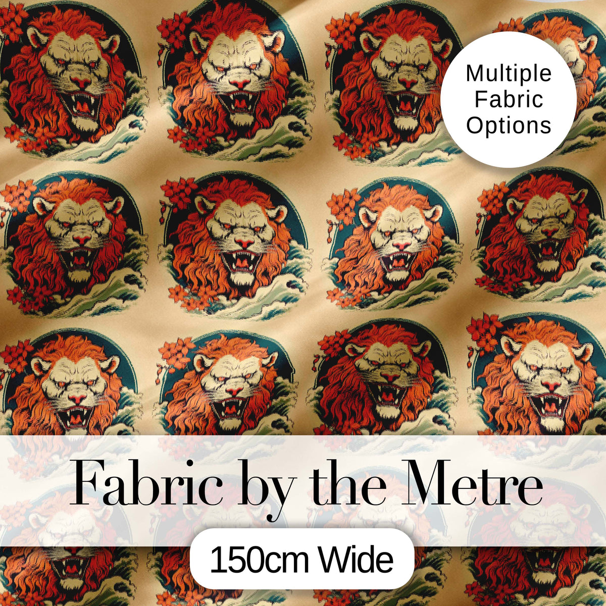 Roaring Lion with Waves and Floral Elements Seamless Pattern Digital Print Fabric by the Metre UK Sewing Quilting Textile