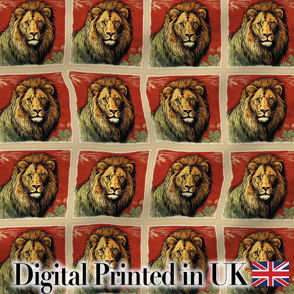 Vintage Lion Portrait Stamp Style Seamless Pattern Digital Print Fabric by the Metre UK Sewing Quilting Textile